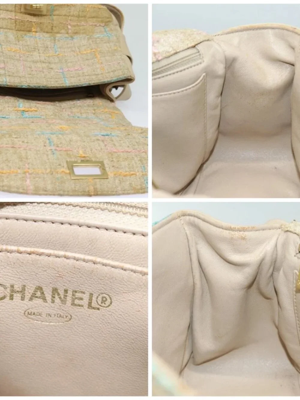 CHANEL Choco Bar Turn Lock Shoulder Bag Wool Multicolor CC Auth bs15780